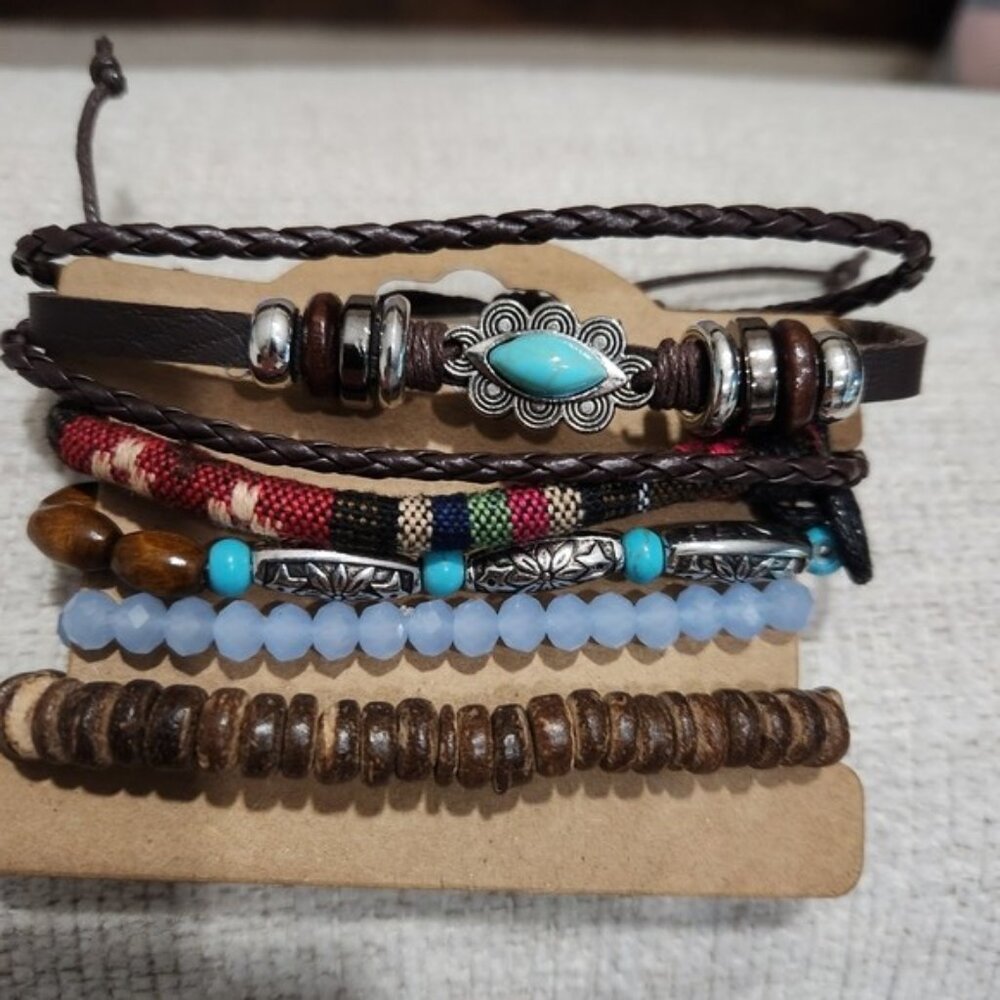 Nwt Womens Multicolor Turquoise Leather & Beads Bracelet Set - Picture 2 of 3